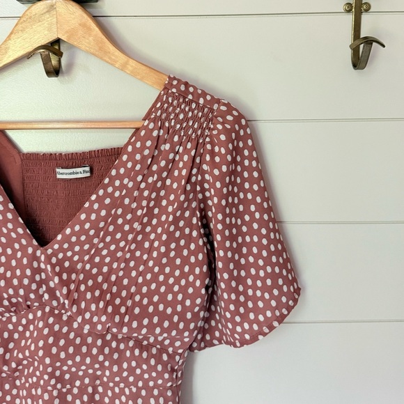 Abercrombie & Fitch Short Sleeve Smocked Pink White Polka Dot Mini Dress xSmall - Picture 6 of 12